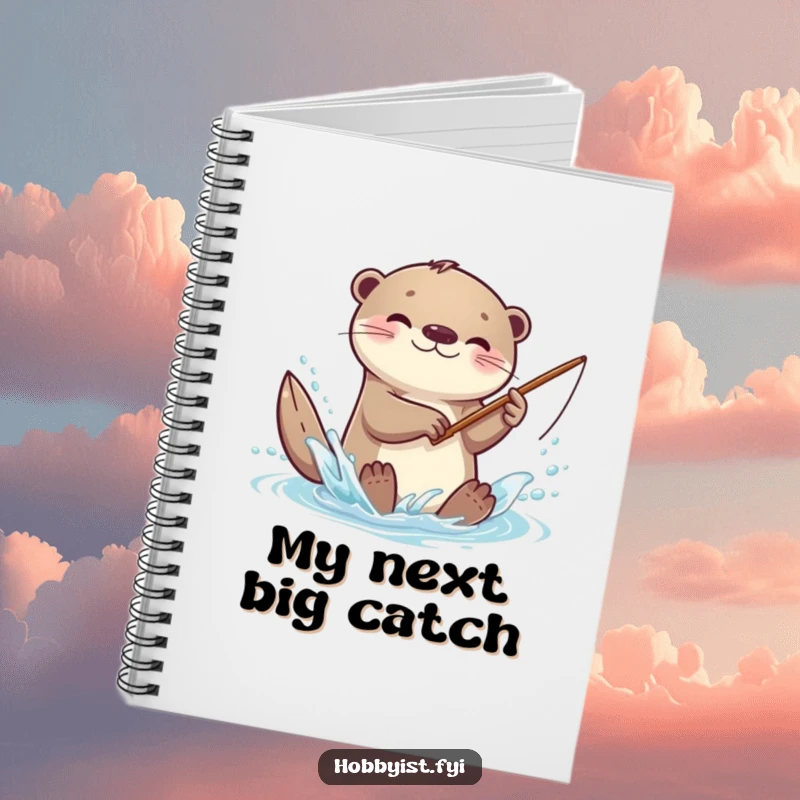 Funny kawaii otter notebook, featuring an otter splashing with a tiny fishing rod, ready to capture notes and doodles.