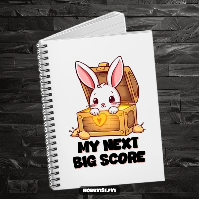 Funny Rabbit peeking into a mysterious, glowing treasure chest, perfect for a humorous notebook cover.