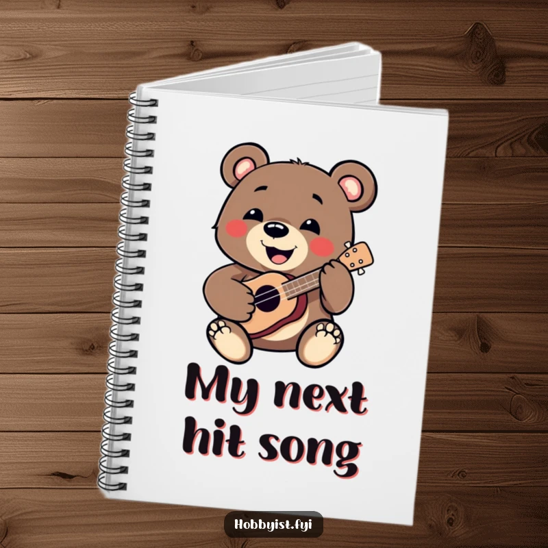 Funny Bear Notebook: A smiling bear enthusiastically plays a miniature ukulele, perfect for jotting down notes and musical ideas, a funny gift.