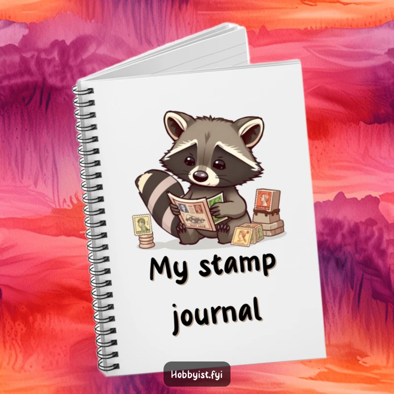 Funny raccoon examining antique stamps, on the cover of a lined notebook, great for collectors and journalers.