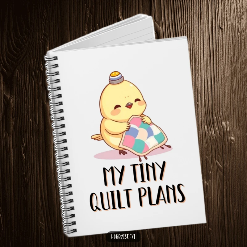 Funny Hazelnut Notebook with a small bird wearing a thimble, happily sewing a tiny quilt, perfect for jotting down creative ideas.