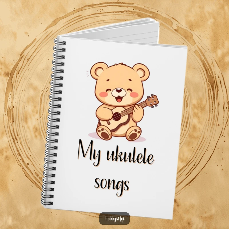 Funny bear cub playing a miniature ukulele, featured on the cover of a lined notebook, perfect for journaling.