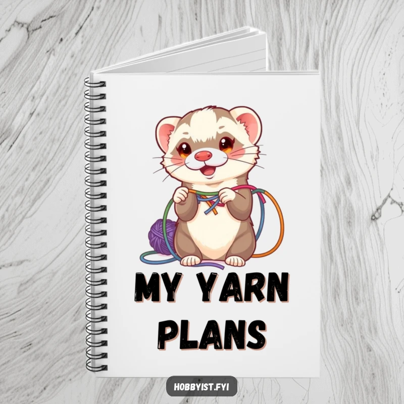 Funny ferret weaving colorful yarn, on the cover of a lined notebook, great for artists and crafters.
