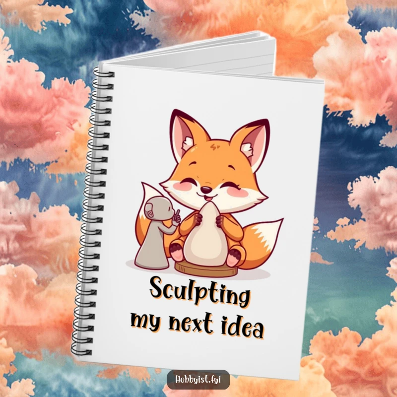 Funny notebook with a giddy fox sculptor on the cover, encouraging creative writing and drawing with a humorous artistic theme.