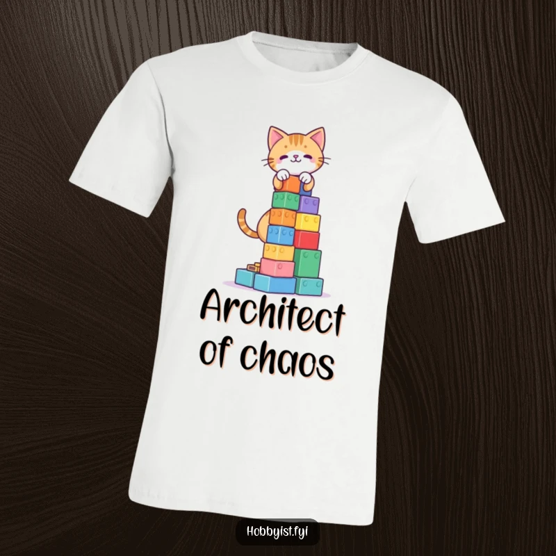 Funny Cat Blocks Tower T-Shirt: A playful cat building a block tower with colorful blocks, depicted on a comfortable and funny t-shirt.