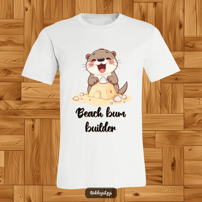 Funny T-Shirt with an excited otter building a sandcastle with tiny shells, showcasing energetic beach construction and seaside joy.