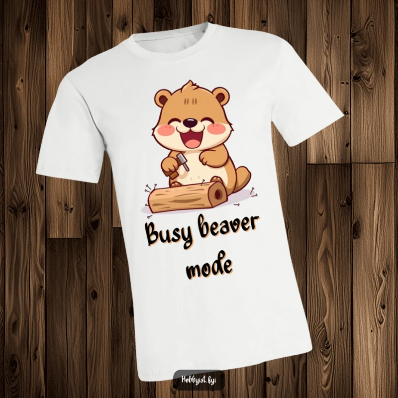 Funny Kawaii beaver t-shirt, excitedly hammering tiny nails into a miniature wooden structure, symbolizing dedicated crafting.