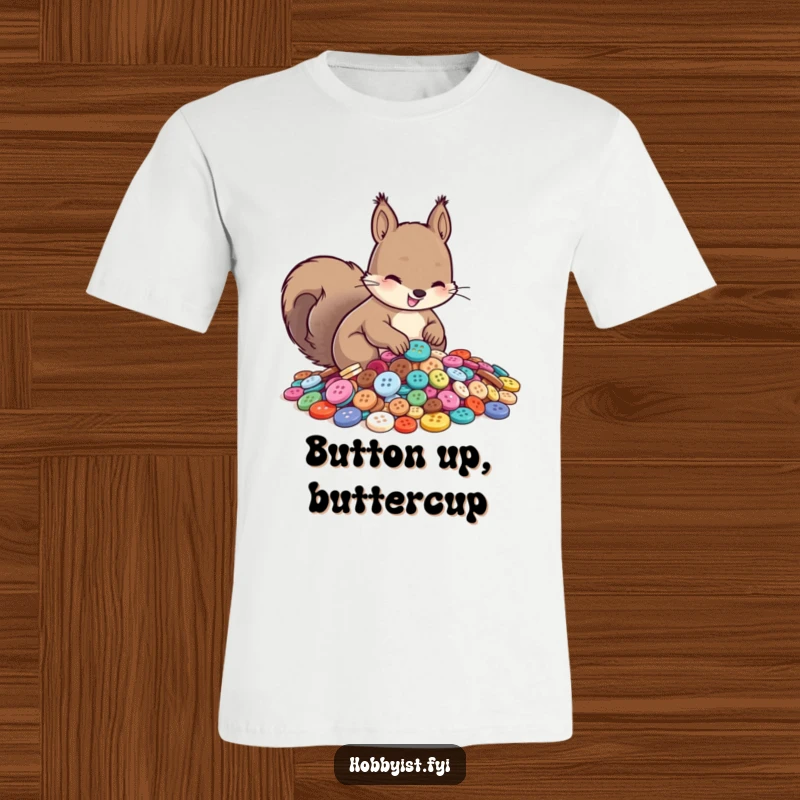 Funny T-shirt featuring a cheerful squirrel intently sorting a huge pile of shiny, colorful buttons, showcasing its delightful hobby.