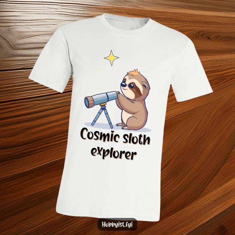 Funny Sloth Telescope Star T-Shirt, a curious sloth looking through a telescope, searching for distant twinkling stars.