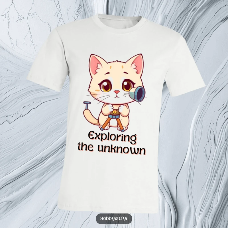 Funny, curious cat with wide, amazed eyes looking through a telescope, depicted on a t-shirt, conveying wonder and exploration.