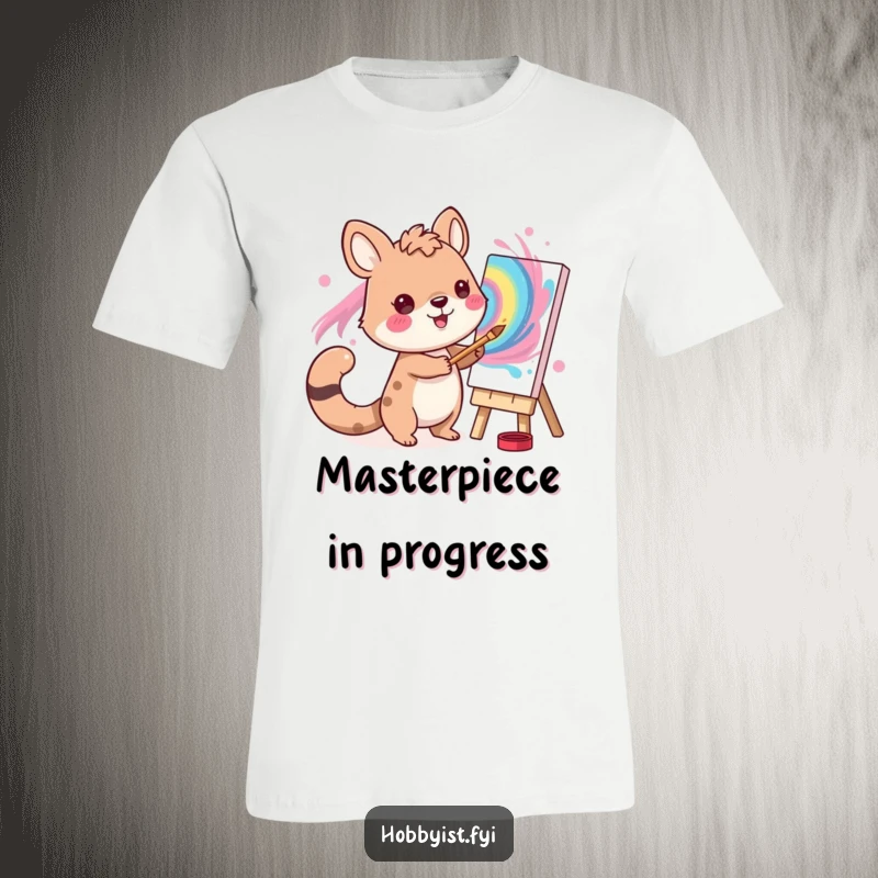 Funny Artist Animal T-Shirt: A happy animal artist creating a swirling masterpiece, depicted on a comfortable and funny t-shirt.