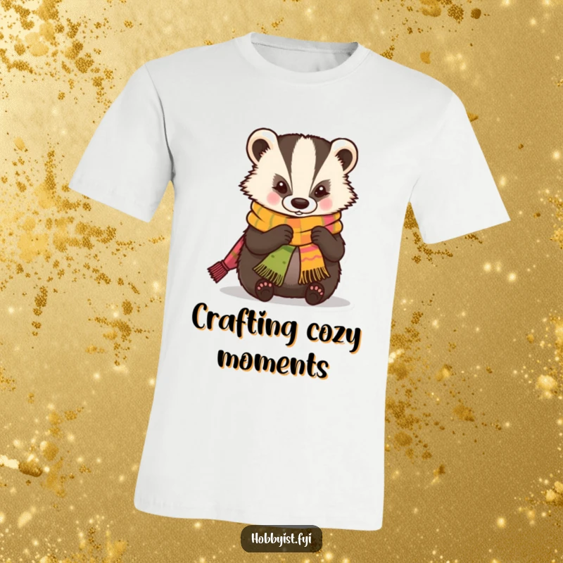 Funny T-Shirt featuring a skilled kawaii badger expertly knitting a miniature, colorful scarf, highlighting the joy of handmade items.