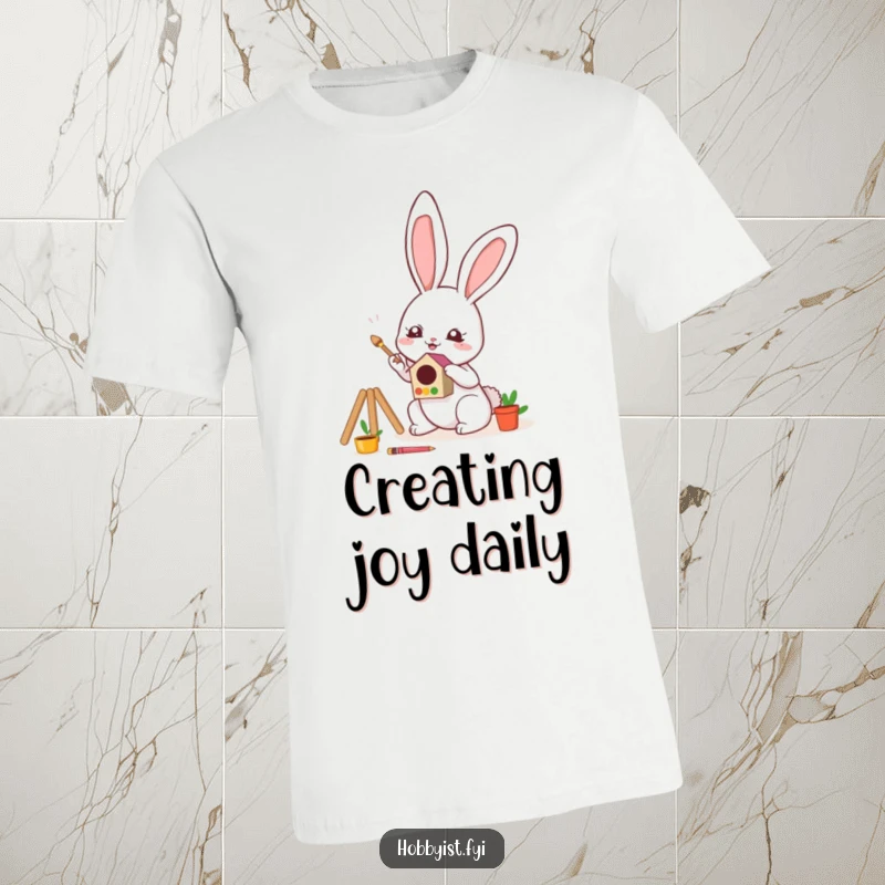 Funny T-Shirt featuring a cute kawaii bunny enthusiastically painting a tiny, vibrant birdhouse, celebrating creativity and joy.