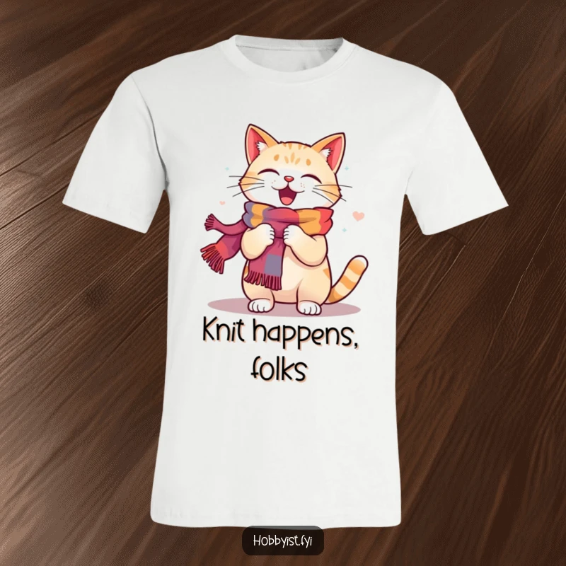 Funny Cat Knitting T-Shirt: A happy cat energetically knits a colorful scarf, perfect for showcasing a love for crafts and humor.