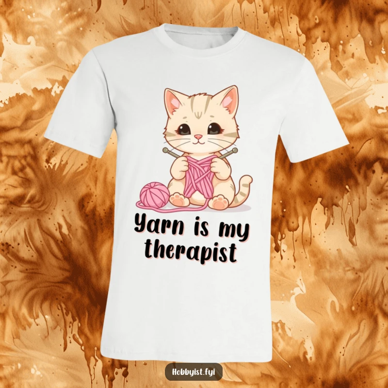 Funny T-shirt design of a curious cat playing with knitting needles and yarn, a ball of wool bouncing, perfect for crafters.