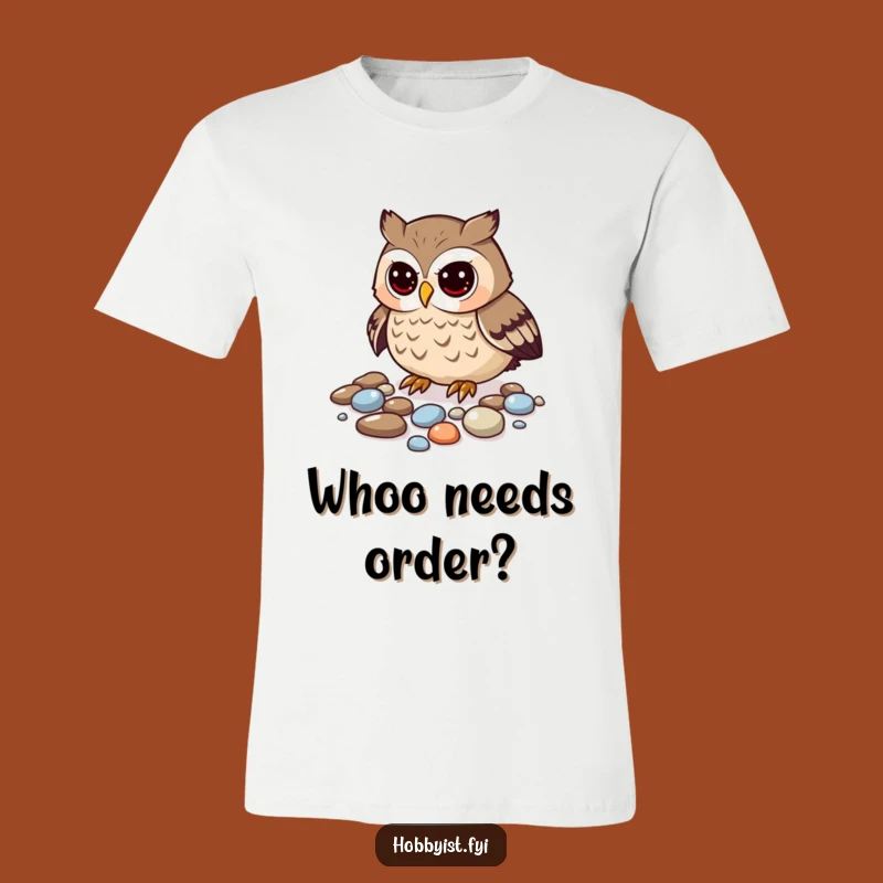 Funny Curious Owl Pebble Arranging T-Shirt - Quirky Collector Tee