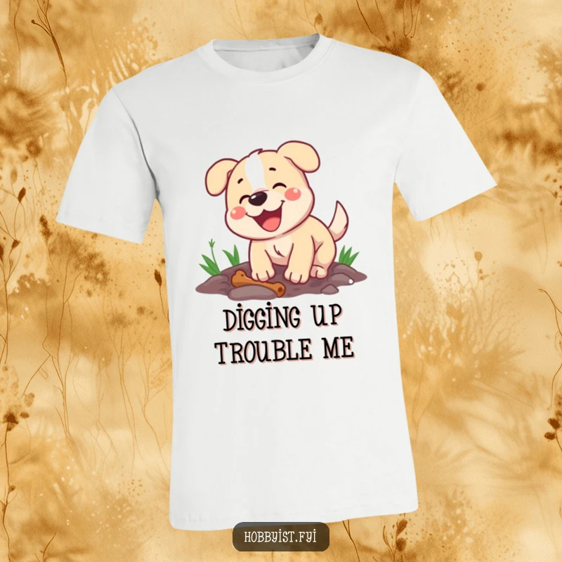 Funny T-shirt design of a happy dog energetically digging a hole, with a bone waiting, perfect for playful dog owners.