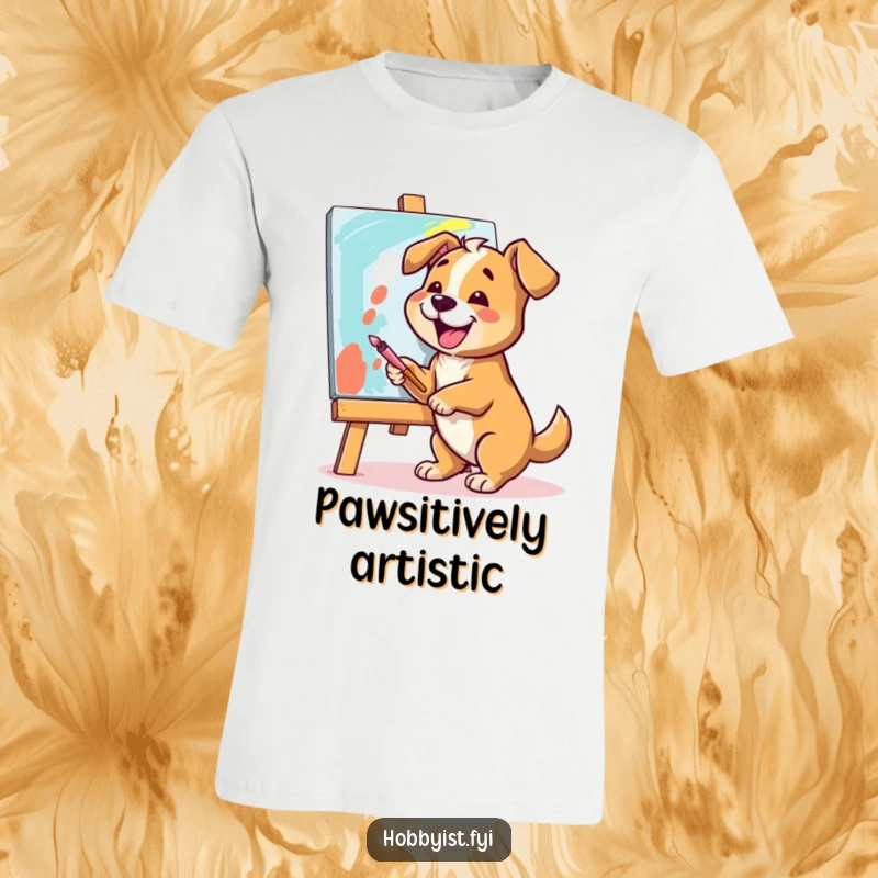 Funny Dog Artist T-Shirt: A cheerful dog joyfully paints a vibrant canvas with broad strokes, showcasing artistic passion humorously.