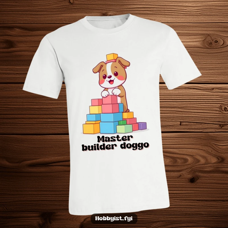 Funny, playful dog building a towering structure with colorful blocks, depicted on a t-shirt, conveying joy and creativity.