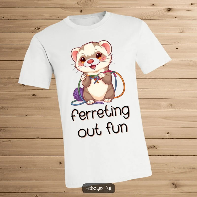 Funny energetic ferret weaving multi-colored yarn, printed on a soft graphic t-shirt, ideal for crafty individuals.