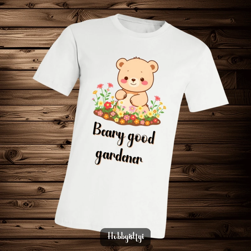 Funny Kawaii bear t-shirt, happily tending a miniature garden filled with tiny, bright blooms, symbolizing joy.