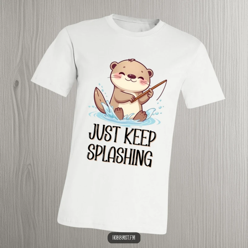Funny kawaii otter t-shirt, joyfully splashing water while holding a miniature fishing rod, capturing a moment of playful fishing.
