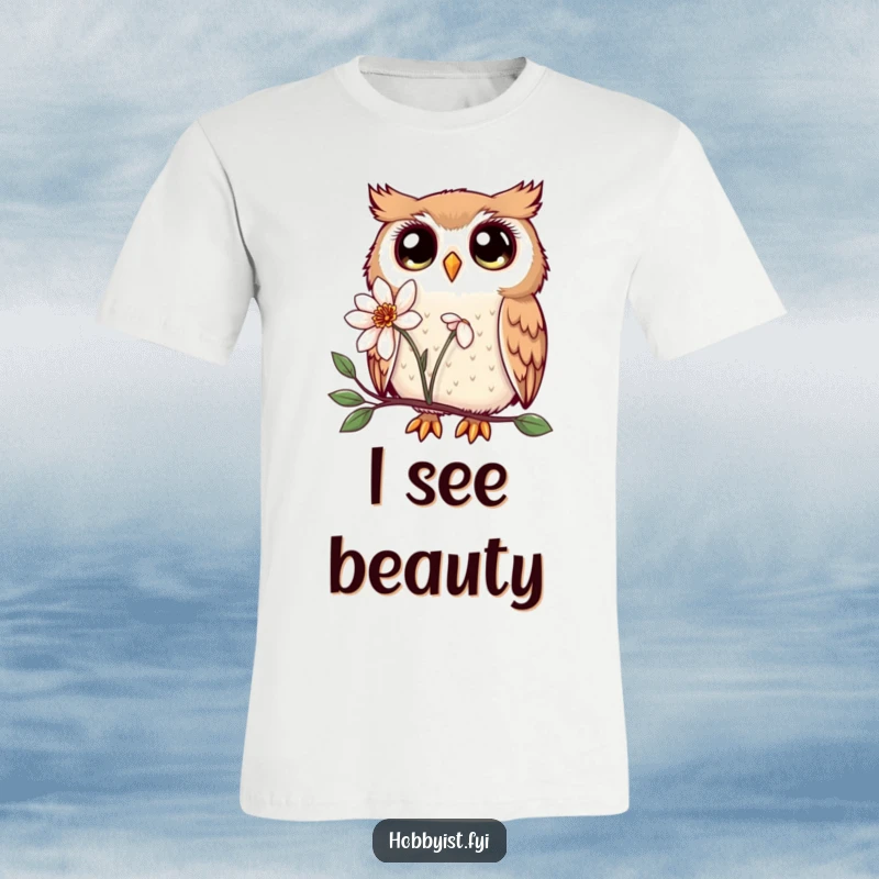 Funny Kawaii owl t-shirt, with large enchanting eyes, curiously examining a delicate flower, symbolizing gentle wonder.