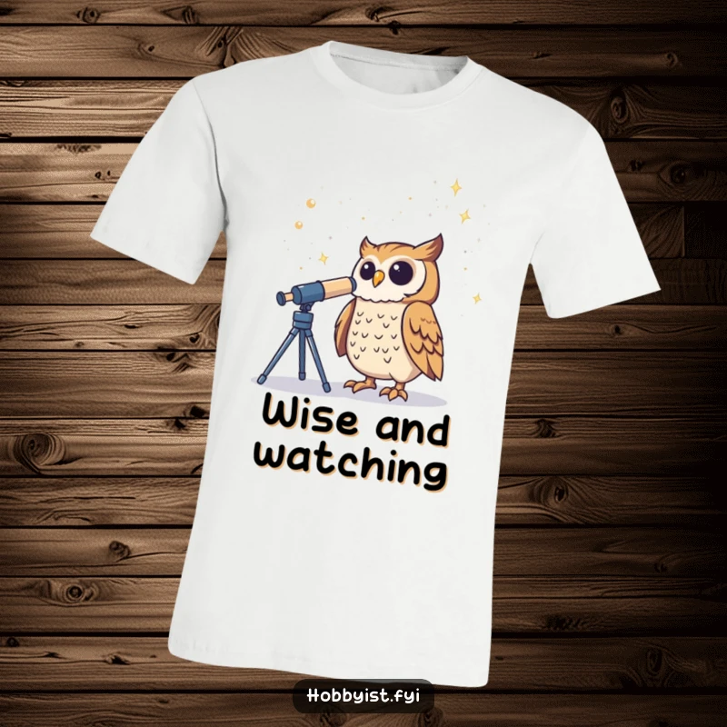 Funny Owl T-Shirt features a proud owl looking through a telescope at a vast, starry sky, celebrating cosmic exploration.