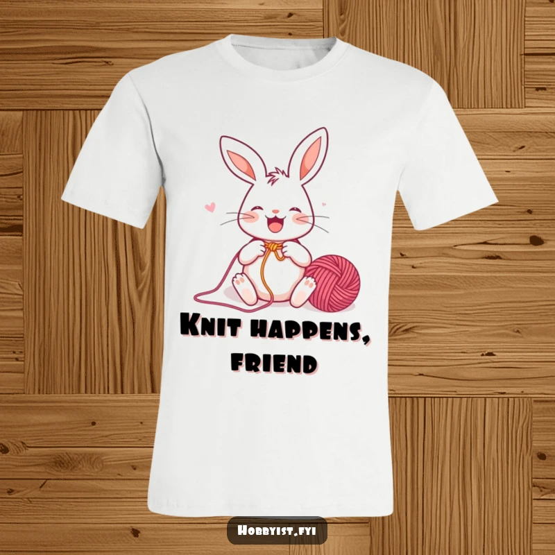 Funny T-Shirt with a joyful rabbit enthusiastically knitting a colorful yarn ball, showcasing a passion for handmade creations and cheerful hobbies.
