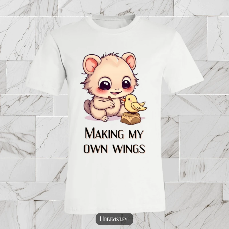 Funny cheerful creature with large eyes diligently carving a tiny wooden bird, on a comfortable t-shirt.
