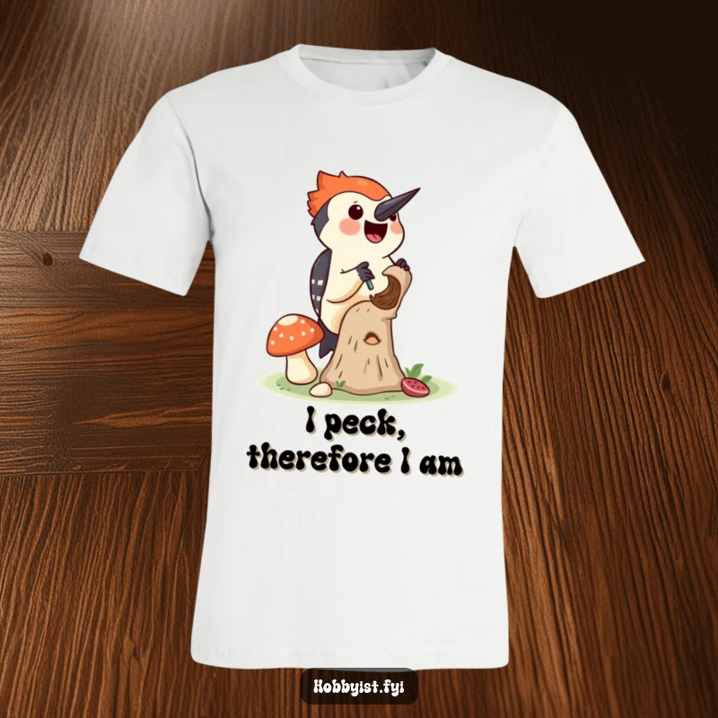 Funny t-shirt design of a happy woodpecker drilling a miniature hole into a mushroom, capturing a whimsical woodland moment.