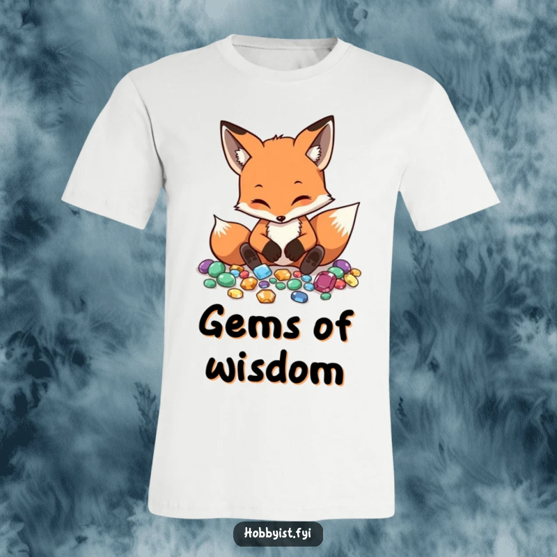 Funny Fox T-Shirt features a diligent fox carefully arranging small, polished gemstones with great concentration and style.