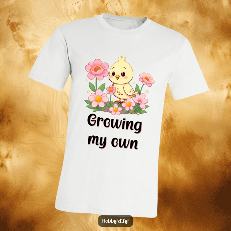 Funny bird character happily gardening among oversized, glittering flowers, bringing joy to a T-shirt design.