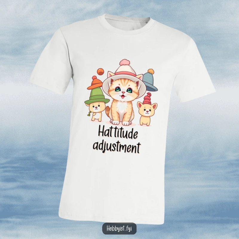 Funny t-shirt with a curious kitten joyfully trying on oversized hats, celebrating feline fashion and playful delight.