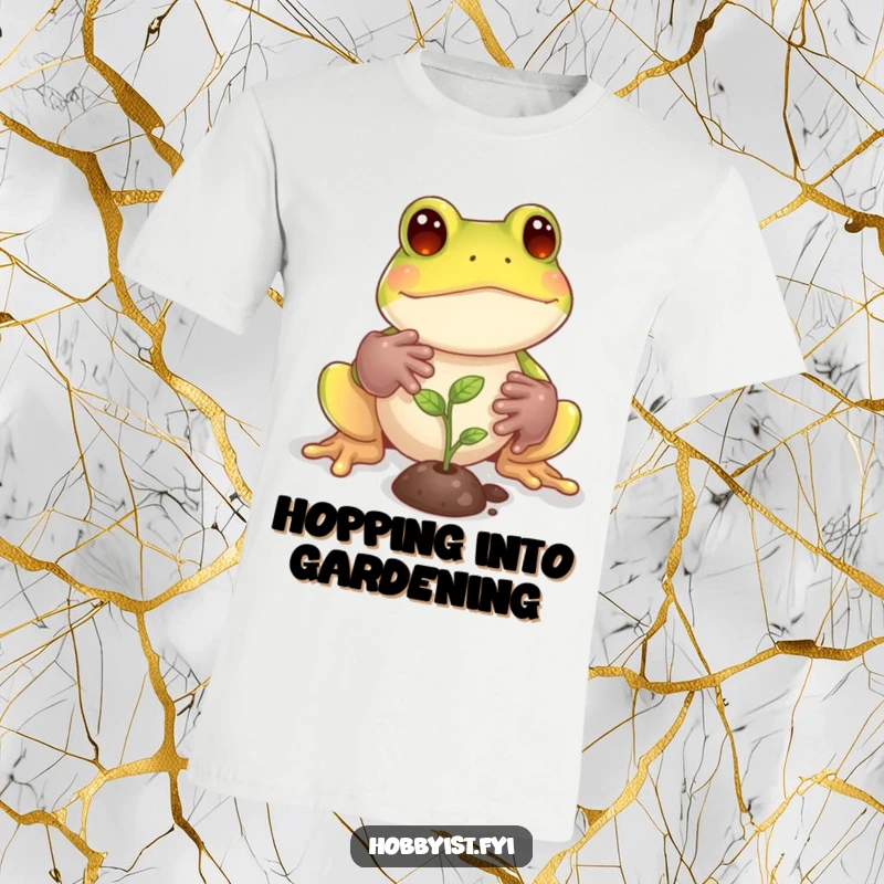Funny Frog T-Shirt: A playful frog with tiny gardening gloves tends to a miniature sprout, demonstrating gardening enthusiasm, a wonderful funny gift.