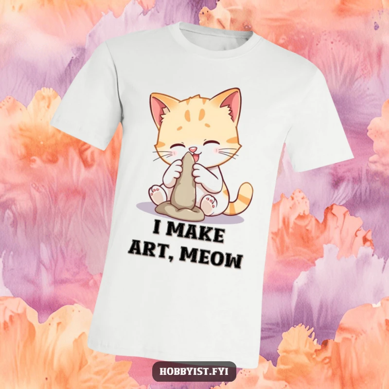 Funny cat sculpting t-shirt depicting a playful cat intently shaping a small clay sculpture, embodying creative feline energy and humor.