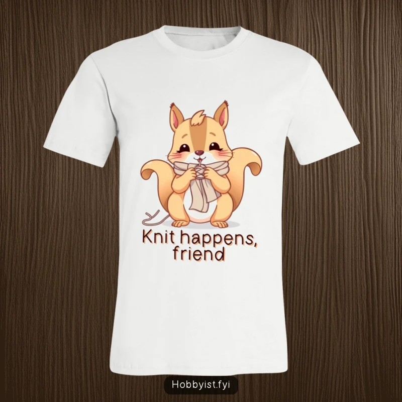 Funny t-shirt depicting a cheerful squirrel focused on knitting a tiny scarf with yarn, symbolizing cozy creativity.