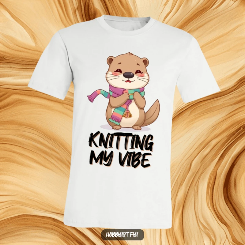 Funny Knitting Otter T-Shirt, a cheerful otter intently knitting a long, vibrant scarf, perfect for casual wear.