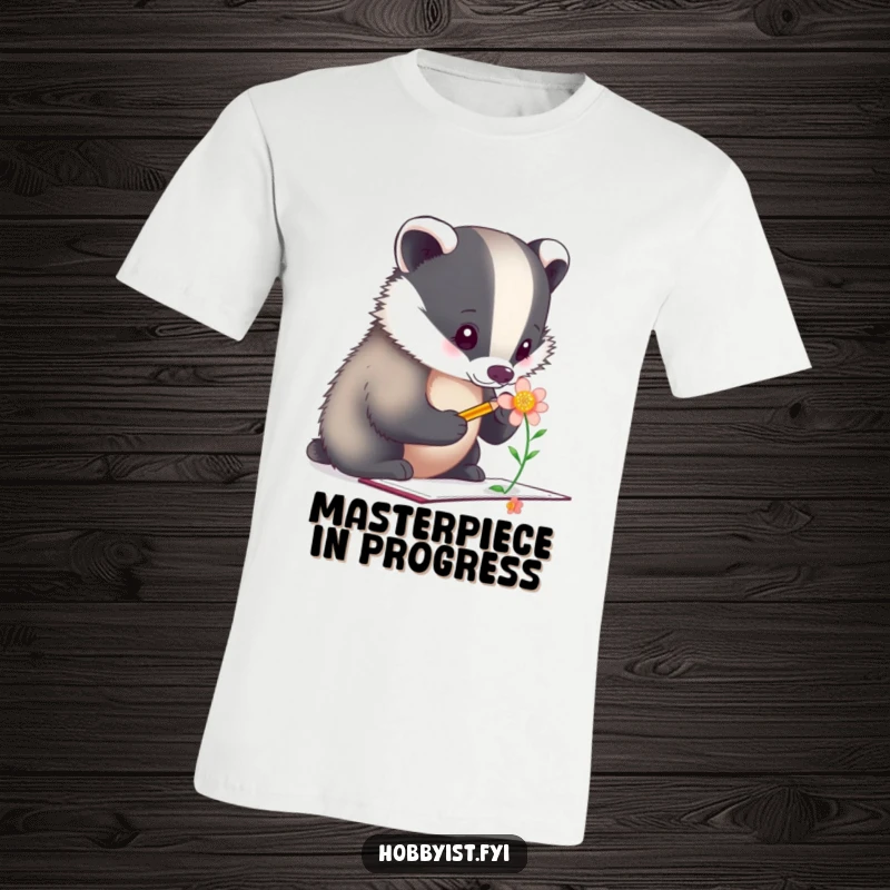 Funny T-Shirt: A determined badger artist intensely sketches a beautiful flower, highlighting focus and a passion for art.