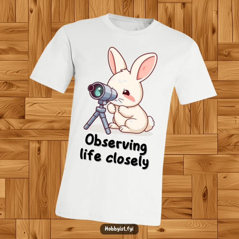 Funny t-shirt design of a curious rabbit intently looking through a miniature telescope, highlighting its interest in space.