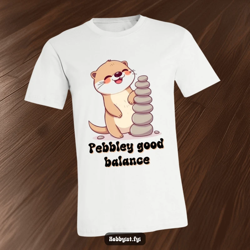 Funny Kawaii otter t-shirt, giggling gleefully, balancing a stack of precariously stacked pebbles, representing playful delight.