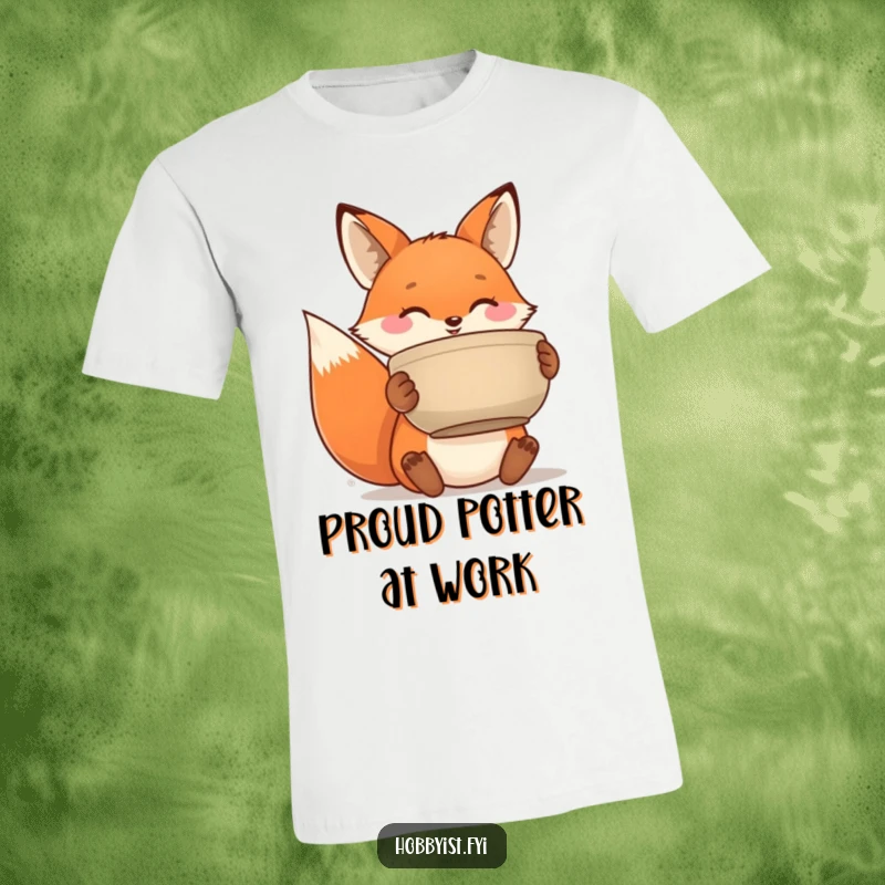Funny t-shirt design of a delighted fox proudly displaying a handmade ceramic pot, celebrating artistic achievement.
