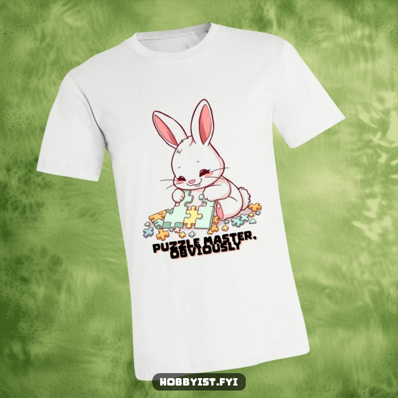 Funny Rabbit Puzzle Solver T-Shirt: A delighted rabbit meticulously assembles a complex puzzle with intense focus, perfect for showcasing puzzle-solving skills humorously.
