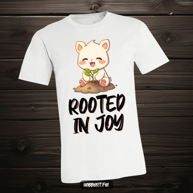 Funny t-shirt featuring a joyful creature with small paws carefully planting a tiny, glowing sapling, radiating positivity