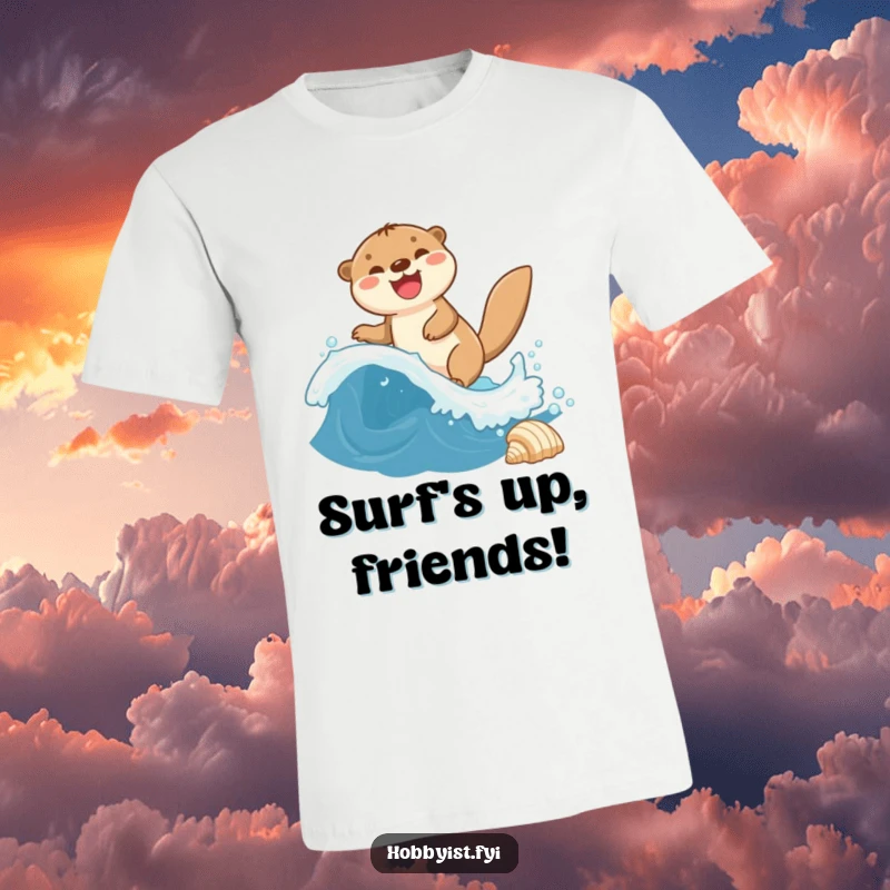 Funny Otter T-Shirt features a giggling otter gleefully riding a mini wave towards a seashell, capturing joyful aquatic adventure.