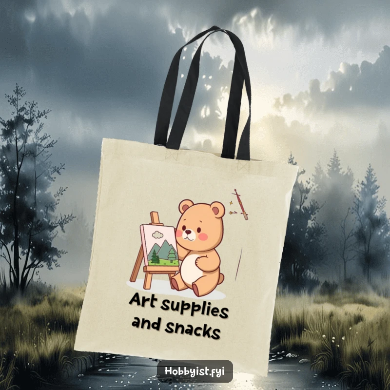Funny Tote Bag featuring a cute bear artist, ready to paint a miniature landscape, perfect for carrying art supplies and daily essentials.