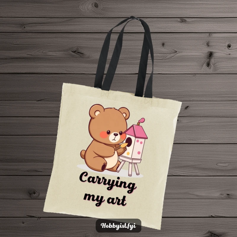 Funny cute bear painting a birdhouse with a small brush, on a tote bag, a humorous and practical gift.