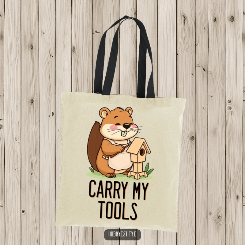 Funny beaver tote bag with apron, happily hammering a miniature birdhouse, great for hilarious tool trips.