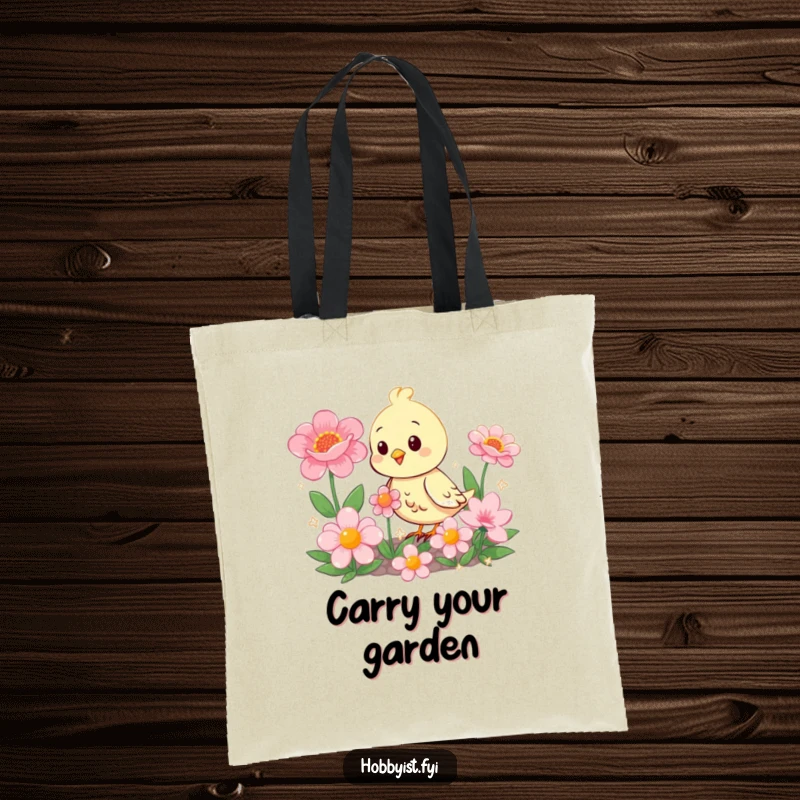 Funny bird character in a vibrant garden of large, sparkling flowers, on a fun and functional tote bag.