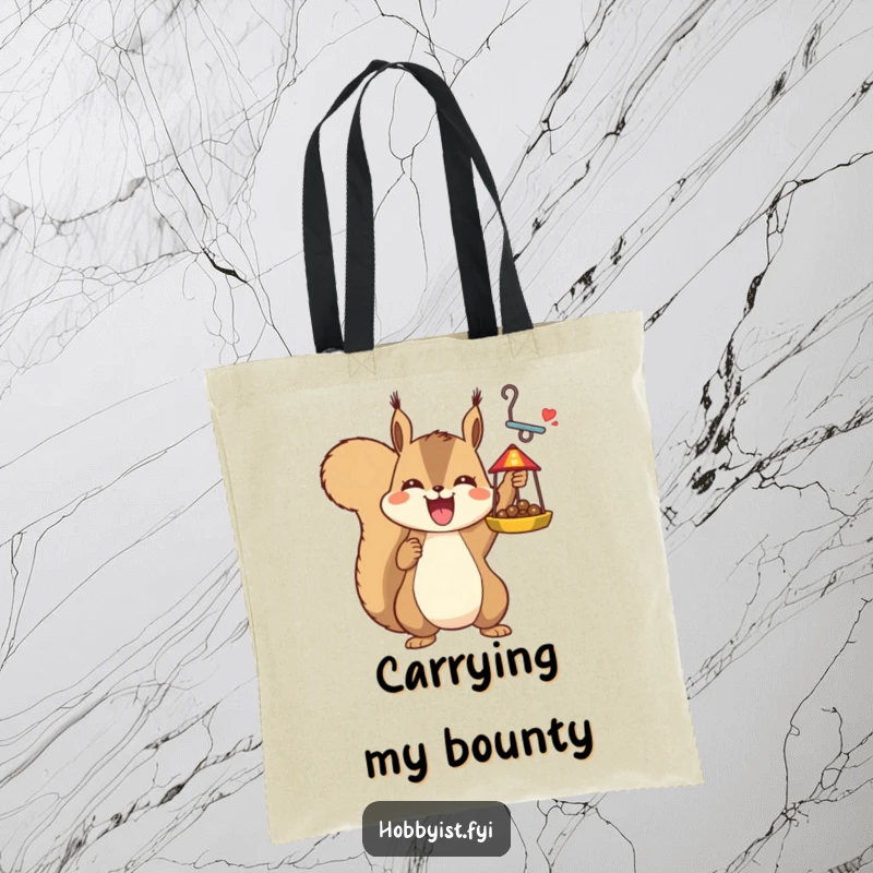Funny joyful squirrel holding a detailed bird feeder, on a tote bag, a humorous and practical gift.
